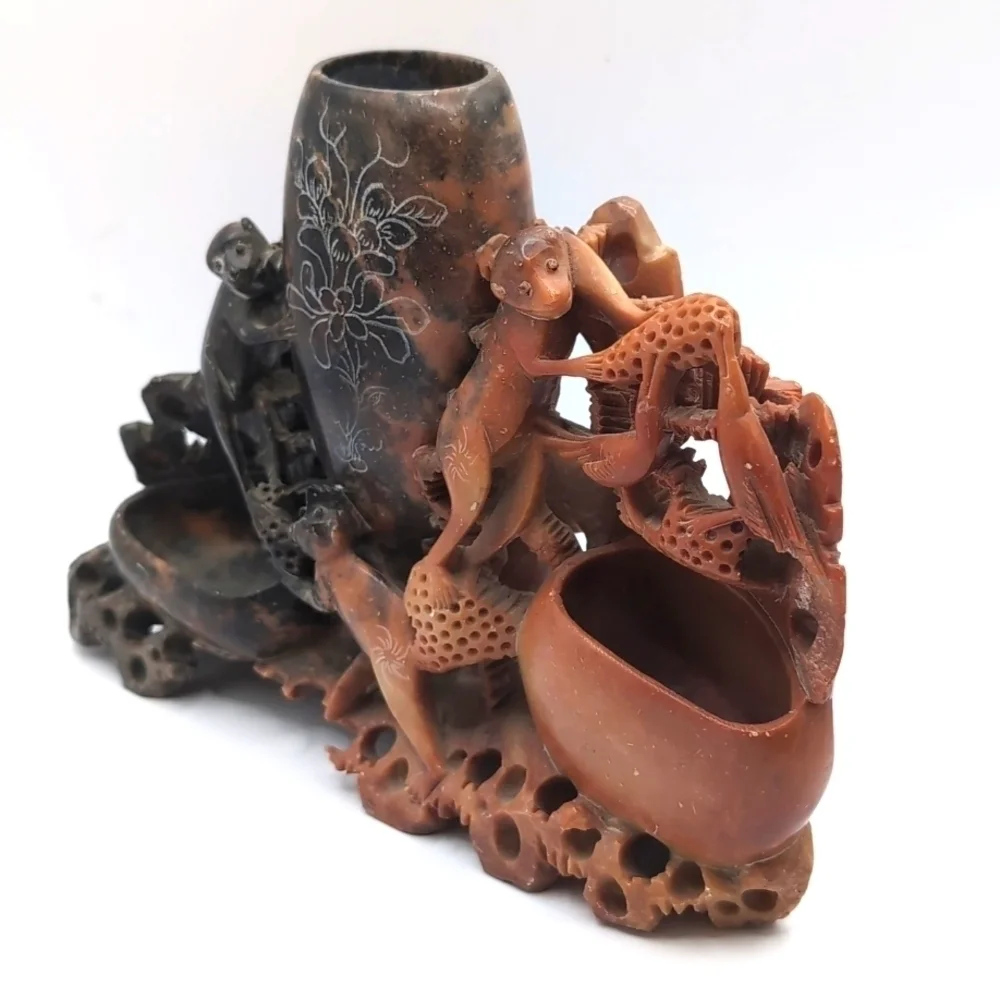 Vintage Asian Chinese Carved Soapstone Monkey Animal Vase - Brush Pot - Display